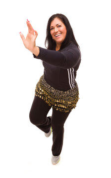Hispanic Woman Zumba Dancing Isolated On A White Background.