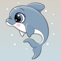 Poster Kinderkamer Cartoon Dolphin on a blue background