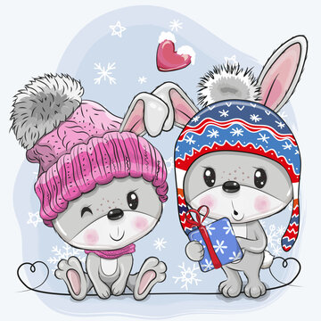 Two Cute Cartoon Cristmas Rabbits