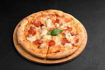 Pizza, different pizzas with different fillings on a black background