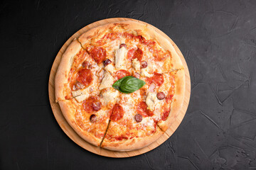 Pizza, different pizzas with different fillings on a black background