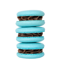 three blue macarons with chocolate cream isolated on white