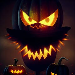 Creepy burning Jack-o-lantern pumpkin head. Halloween Glowing fire flame head - 537122210