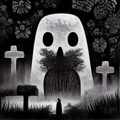Black and white illustration. Huge white hungry ghost, spooky graveyard. Horror - 537122230