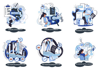 Business intelligence action business plan. Strategic planning automation process. Mission rules vision statement competitive intelligence, goals action plan, loyalty abstract metaphor, teamwork set