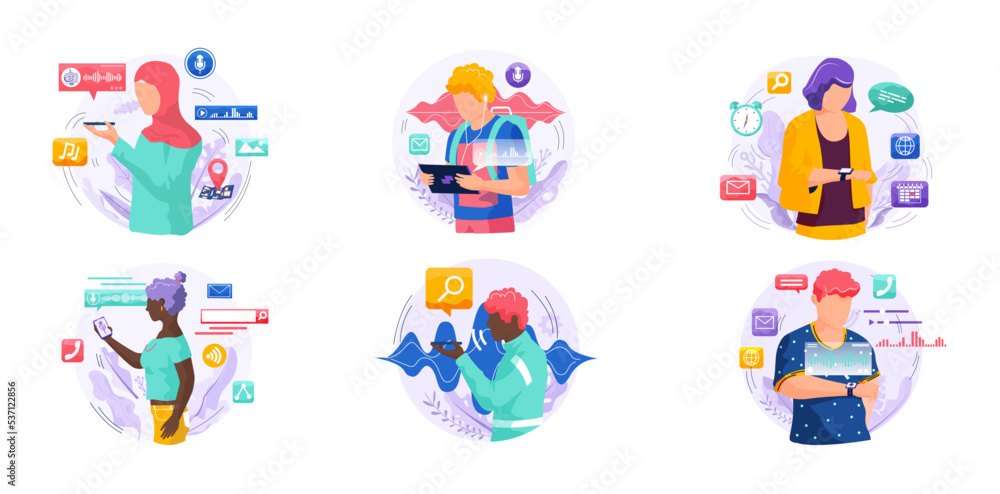 Poster voice assistant. smart speaker virtual assistant, sound robot, people using voice controlled smart s