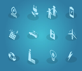 Eco collection with various icons on theme of ecology and green energy. Isolated sign modern technologies for environmental protection. Set of eco symbols in flat style isolated on dark background