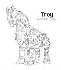 Wooden Trojan Horse Drifting on a Plinth Hand Drawn Sketch Illustration