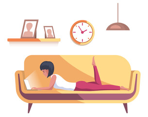 Obraz premium Woman working remotely at home, Freelance or remote job concept. Lady with computer lying on sofa. Girl studying courses or working online. Female freelancer with laptop on couch vector illustration
