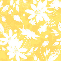 Fototapeta na wymiar Seamless pattern with graphic big white flowers on yellow background.
