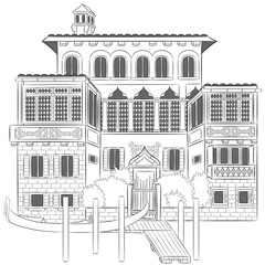 Black and white drawing of the facade of a house over a canal in Venice.