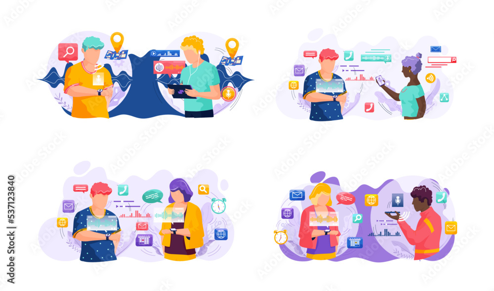 Poster voice assistant. smart speaker virtual assistant, sound robot, people using voice controlled smart s