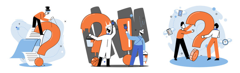 Question mark, obtaining information of interest. Problem and solution concept metaphor. FAQ help. Decision of information task, ask questions and receive answers, paint ladge sign decision of doubts