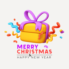 Christmas and new year design realistic 3d gift boxes. Christmas present surprise. Gift box in cartoon style. Holiday banner, web poster, flyer, greeting card. Xmas background. Vector illustration