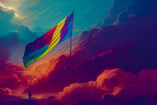 Multicolored rainbow LGBTQ flag on fantasy clouds background. 3D illustration