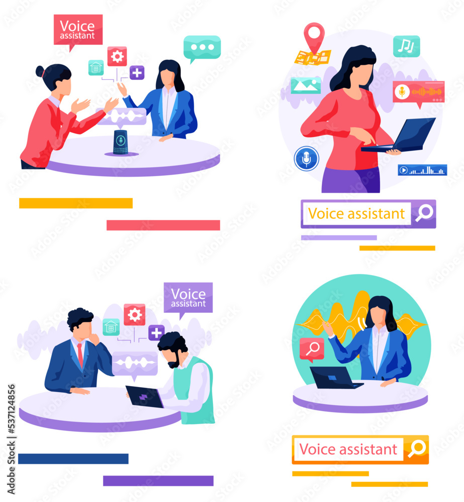Poster voice assistant. smart speaker virtual assistant, sound robot, people using voice controlled smart s