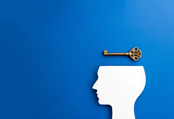 Silhouette of human head and key on blue background. Minimal creative business concept. Сopy space
