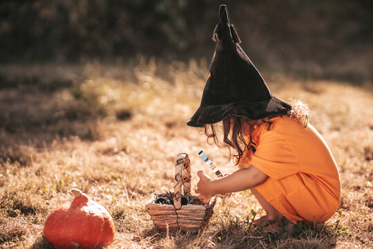 little girl celebrate Halloween in nature pumpkin
