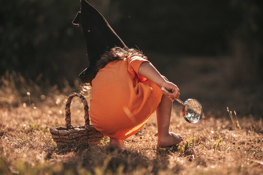 little girl celebrate Halloween in nature pumpkin