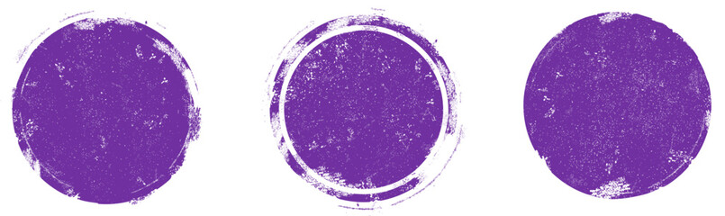 Violet grunge circle stamp set. Round stamp vector isolated on white background. Violet stamp vector. For grunge badge, seal, ink and stamp design template. Round grunge hand drawn circle, vector