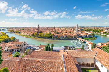 View of the historic center of the city of Verona, Italy and the Ponte Pietra bridge and river...