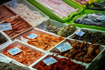Assortment of fresh catch of fishes, seashells, molluscs on ice on fish market in Spain