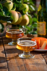 Food and drink pairing, apple cider produced on organic farm from bio apples in Normandy, France and cheddar cheese from England