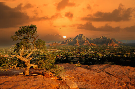 Early morning shot of the coty of Sedona.  Photo taken from the top of a small butte located near the Sedona airport.
