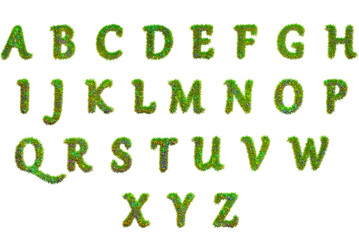 Christmas alphabet made of fir branches with garland light. English alphabet from a Christmas tree, 3d render. Christmas font. Transparent background, PNG file