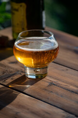 Making and tasting of fresh apple cider produced on organic farm from bio apples in Normandy, France