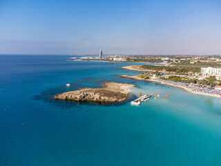 Aerial panoramic view on blue crystal clear water on Mediterranean sea near Nissi beach, Ayia Napa, Cyprus