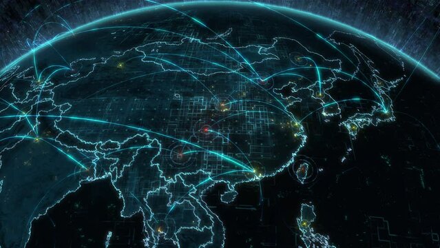 
Futuristic Animation ofSpinning Earth Seen from Space Virtual Digitalization Network Covering the Planet. Global Data Grid Connecting Asia and the Whole World. China main Cities with Connections. IOT