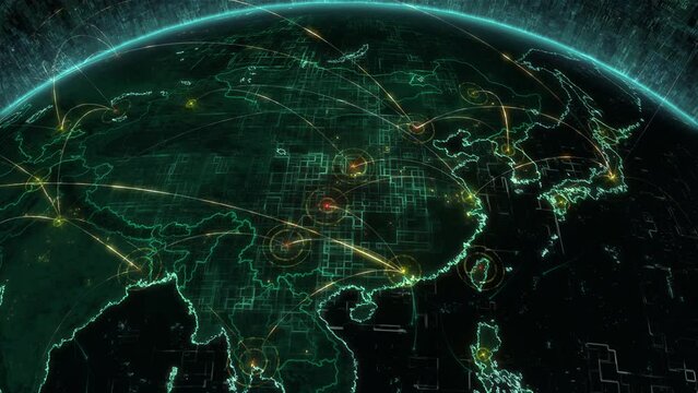 Futuristic Animation of High Tech Rotating Earth with Grids and Connections. Highly Detail View of Asia Map Representing Telecommunication, Artificial Intelligence, IOT, AR, And 5G Networks. China.
