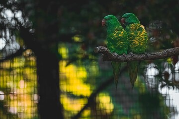 Pair of exotic green parakeets on a branch in a cage
