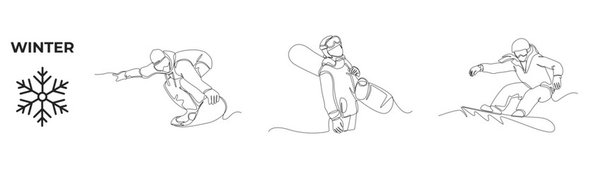Single one line drawing winter activities and sport set. Happy young boy with snowboarders in winter. Man wearing outfit riding snowboard. Continuous line draw design graphic vector illustration.