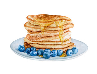 Watercolor stack of pancakes with honey and blueberry on a plate isolated.
