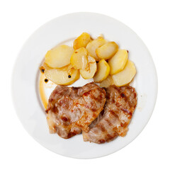 Fried juicy pork with boiled potatoes served on a plate. Isolated on white background