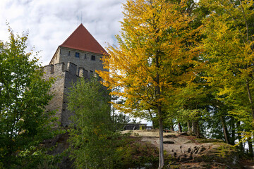 Obraz premium Kokorin Castle from the first half 14th century and its surroundings. Gothic castle is located in the Village Kokorin, Protected landscape area, in the Central Bohemian Region, Czech Republic