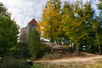 Obraz premium Kokorin Castle from the first half 14th century and its surroundings. Gothic castle is located in the Village Kokorin, Protected landscape area, in the Central Bohemian Region, Czech Republic