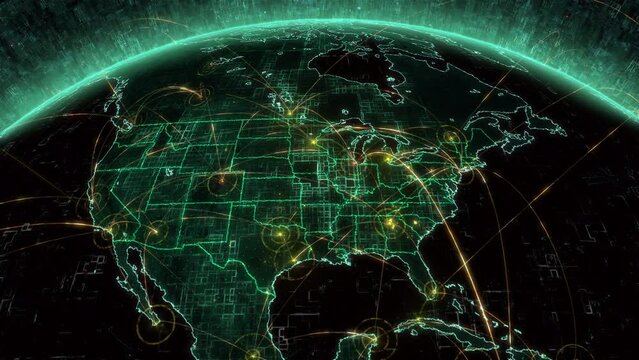 Futuristic Animation of Rotating Earth with Grids and Connections.
Highly Detail View of North American Map. Telecommunication, Artificial Intelligence, IOT, AR and 5G Networks. US, Mexico, Canada.