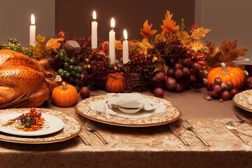 Thanksgiving dinner table set with turkey candles flowers and plates