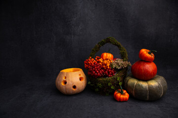 still life for halloween, pumpkins, autumn decor, lanterns, all saints day, kitchen decorations,...