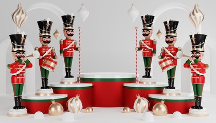 3D render cylinder podium in christmas Santa Claus and christmas tree, gift boxes, ribbon, product, perfume, promotion sale, presentation, cosmetic on background color .