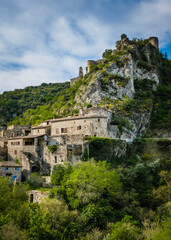 View on Rochecolombe medieval village, perched on its hill in the South of France (Ardeche)