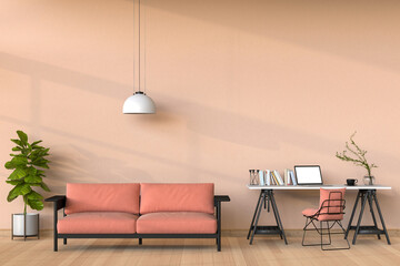 3D render of interior living room workspace with sofa, laptop computer