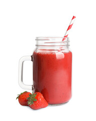 Mason jar of tasty strawberry smoothie and fresh fruits on white background