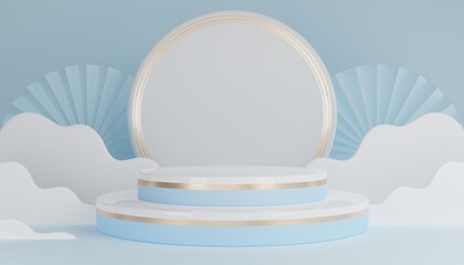 3D render cylinder podium in christmas Santa Claus and christmas tree, gift boxes, ribbon, product, perfume, promotion sale, presentation, cosmetic on background color .