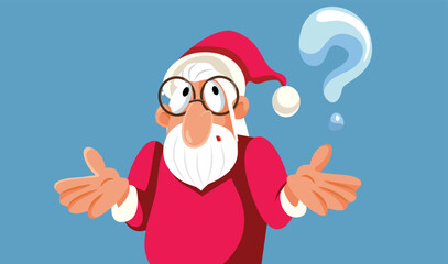 Santa Claus Having Questions and Doubts Before Christmas Vector Cartoon. Stressed Santa not knowing what gifts to offer during financial crisis
