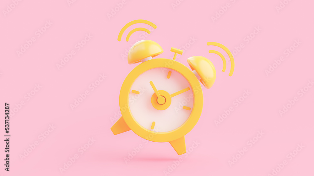 Poster yellow alarm clock on pink background. designed in minimal and pastel concept. 3d render.