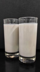 A pair drink background of two glass of milk using black background